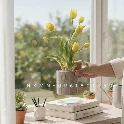 Chậu hoa tulip vàng để bàn trang trí