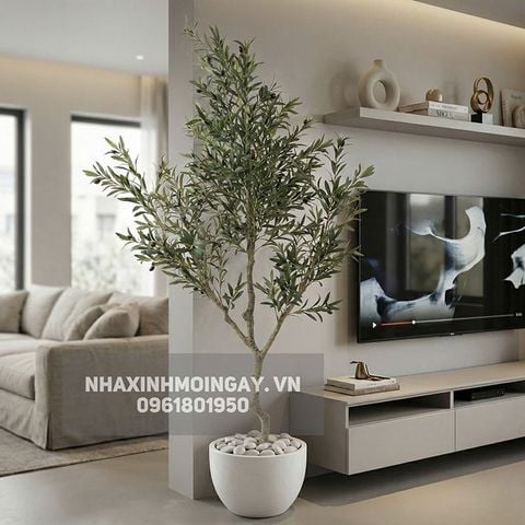 Ý tưởng decor nhà đẹp tối giản với cây ô liu giả trong chậu xi măng
