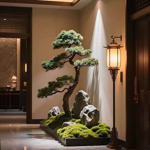 Tiểu cảnh cây tùng bonsai phối đá trang trí sảnh hành lang phong cách Nhật Bản