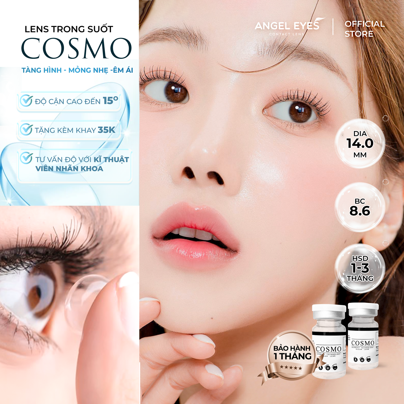 LENS TRONG SUỐT CẬN COSMO CAO CẤP CỦA HÀN QUỐC CÓ ĐỘ TỪ 0 - 15 ĐỘ