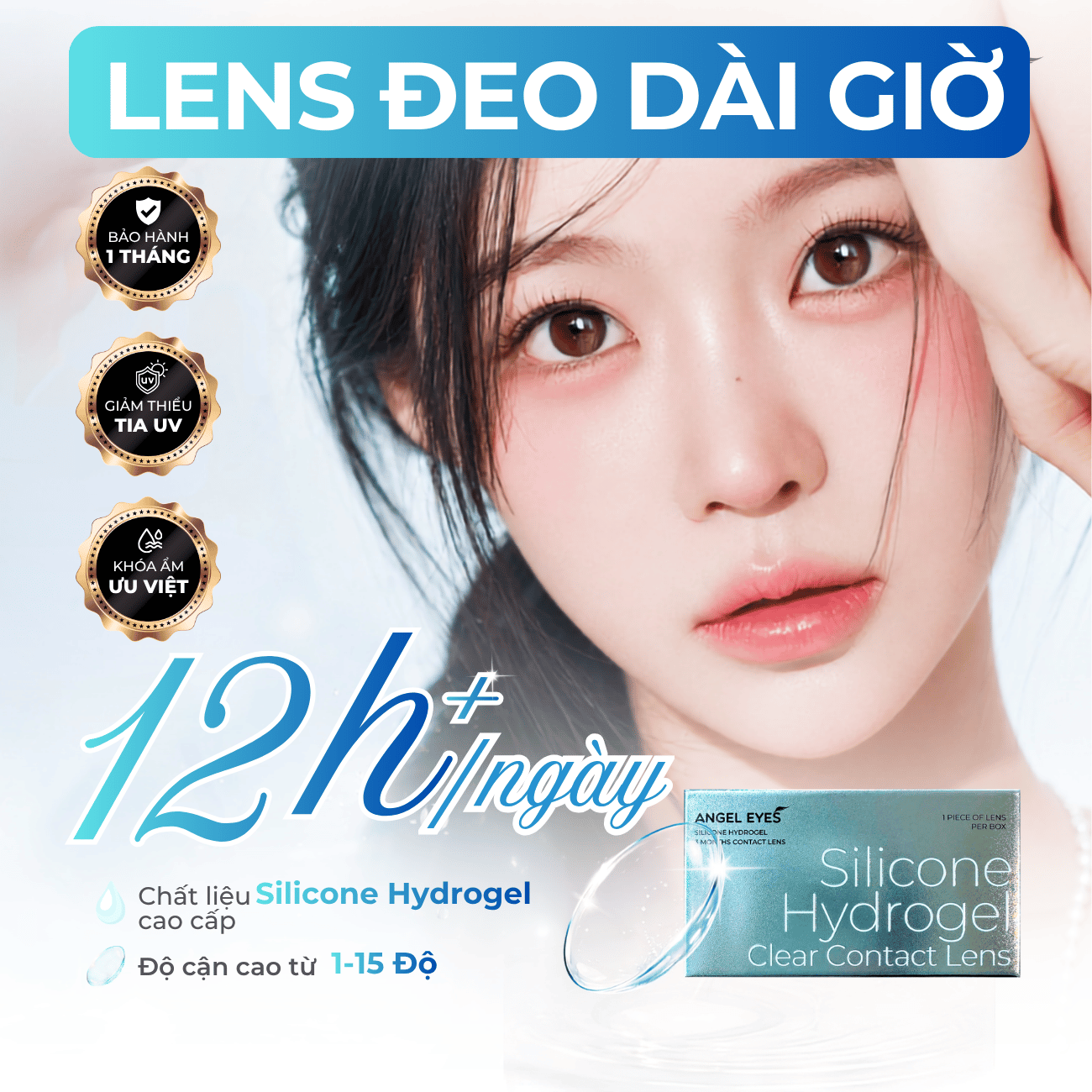  Lens trong suốt dòng cao cấp chất liệu Silicone Hydrogel Angel Eyes độ cận 1-15 