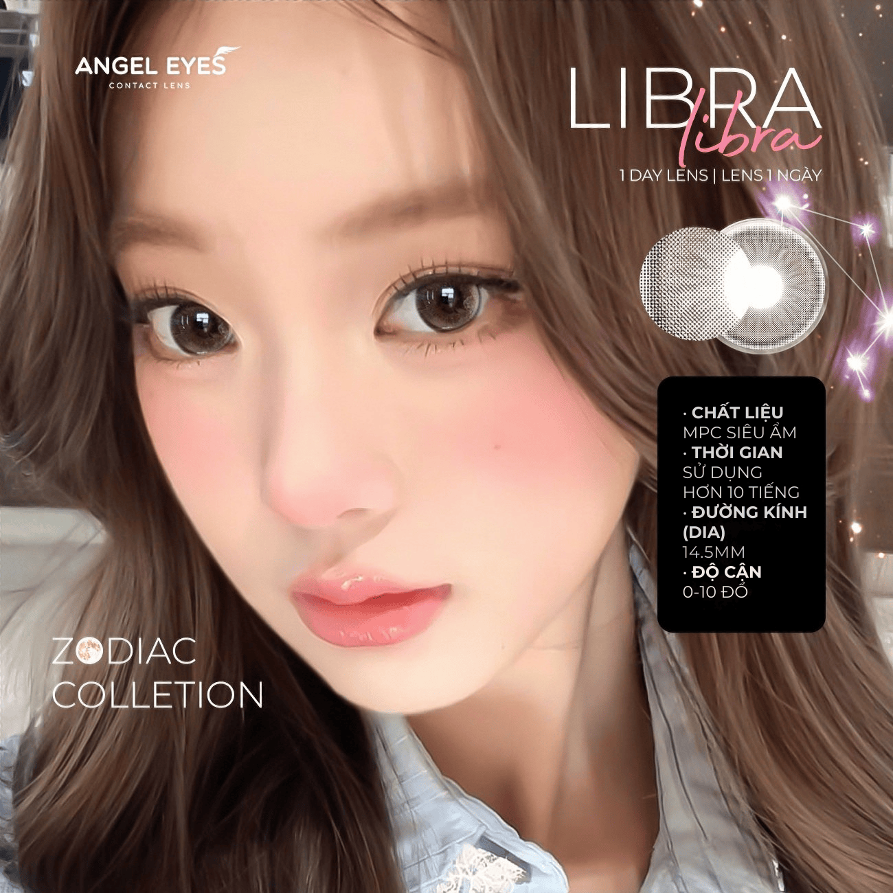 Lens 1 ngày màu có độ cận nâu giãn tròng tự nhiên LIBRA siêu ẩm nhãn hiệu Angel Eyes Hàn Quốc - Đường kính 14.0mm - Độ cận 0-10