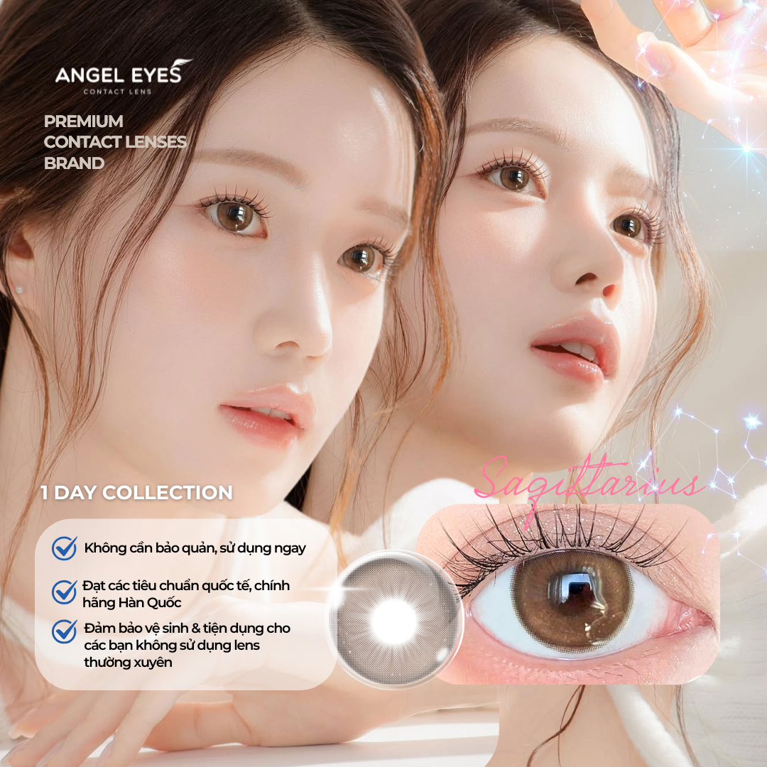  Angel Eyes Korea Brand SAGITTARIUS Natural Enlarging Brown Colored Daily Disposable Contact Lenses with Prescription (for Nearsightedness) - Diameter 14.5mm - Power 0-8 - Ultra-Moist 