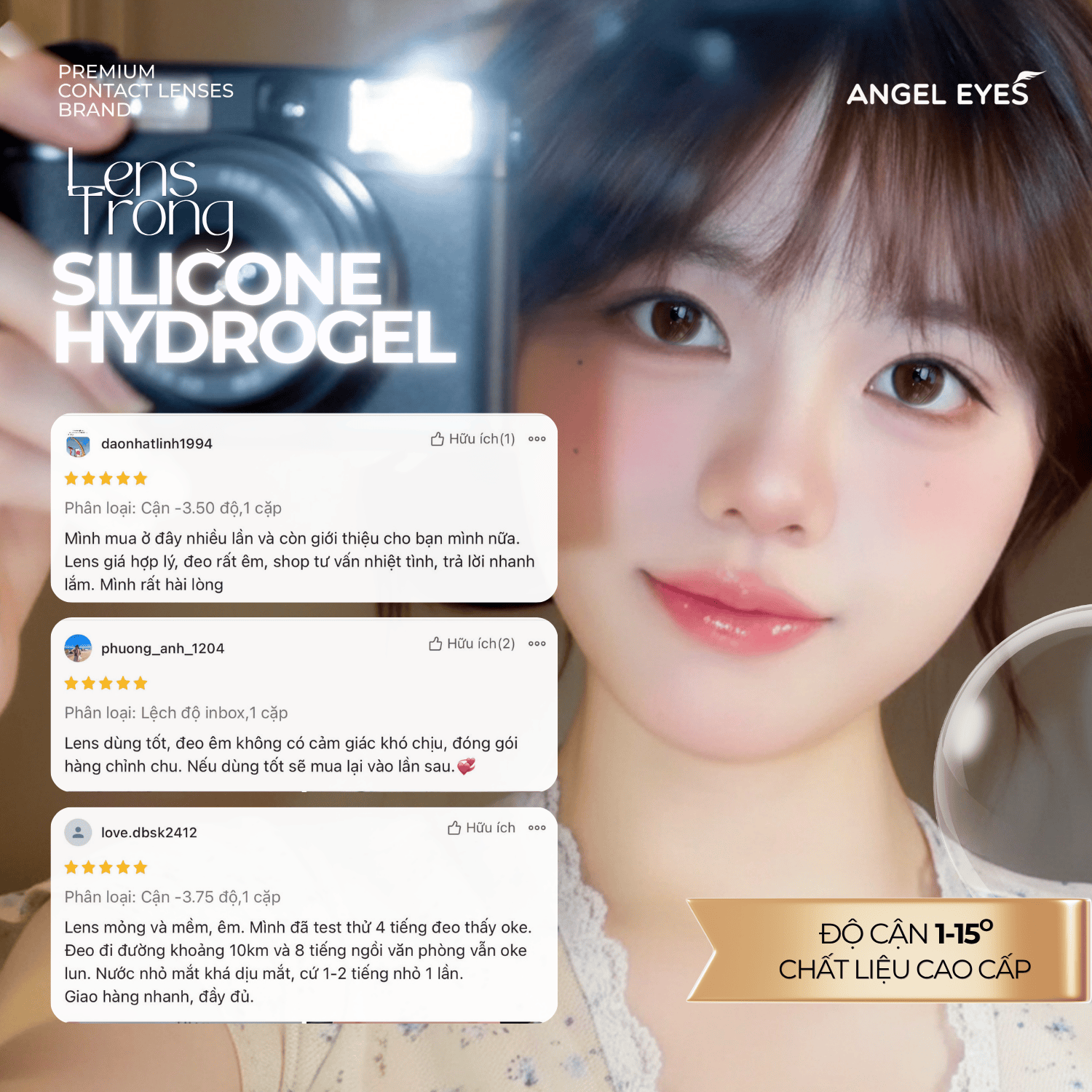  Lens trong suốt dòng cao cấp chất liệu Silicone Hydrogel Angel Eyes độ cận 1-15 