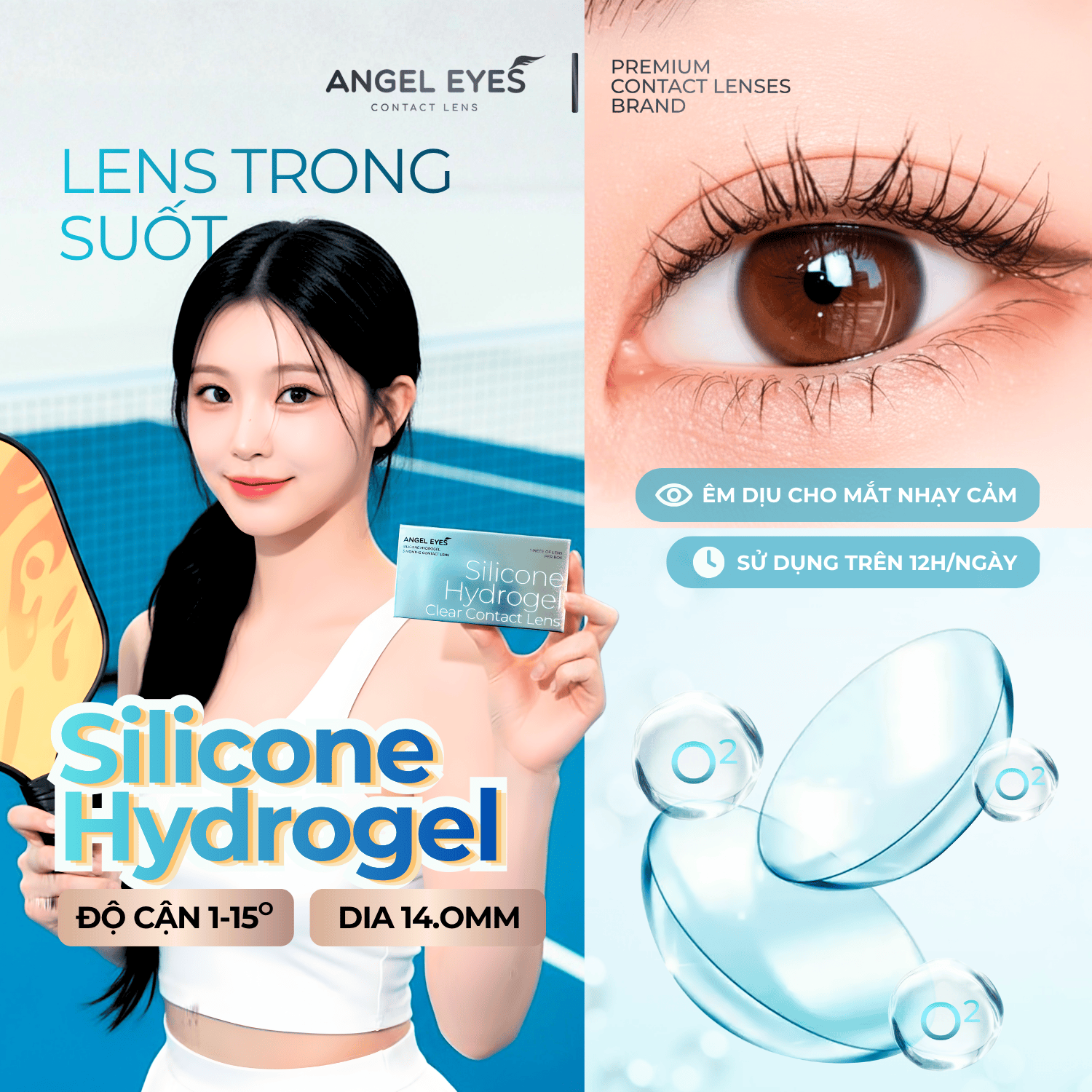  Lens trong suốt dòng cao cấp chất liệu Silicone Hydrogel Angel Eyes độ cận 1-15 