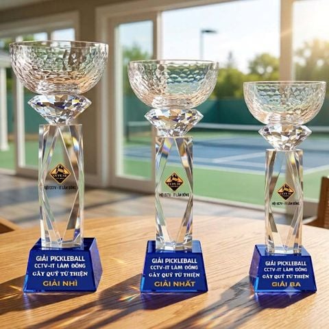 Cúp Pickleball pha lê xanh khối cao cấp trao giải nhất nhì ba ở những giải pickleball