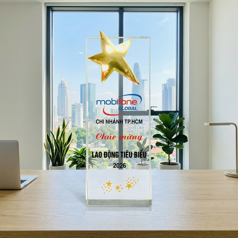 Cúp pha lê khối ngôi sao cao cấp phù hợp vinh danh tập thể cá nhân nhân viên tiêu biểu của năm cho doanh nghiệp