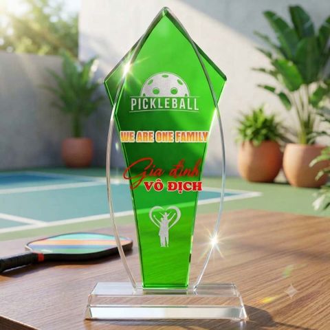 Cúp Pickleball pha lê màu xanh dùng làm quà tặng lưu niệm ở giải pickleball hay những giải thể thao khác