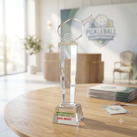 Cúp Pickleball pha lê đế đen dùng làm trao giải với 3 kích thước cho giải nhất nhì ba