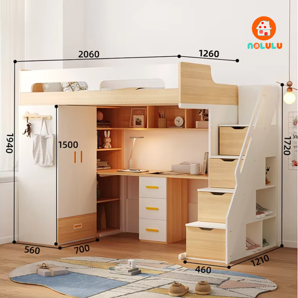 Giường tầng trẻ em kết hợp tủ quần áo và bàn học thông minh Nolulu - GT016