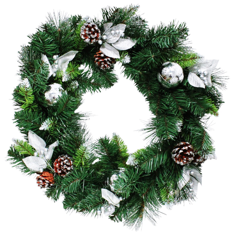 Vòng Hoa 3 Loại Lá Lăn Kim Tuyến Bạc Có Trang Trí