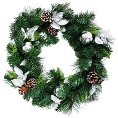 Vòng Hoa 3 Loại Lá Lăn Kim Tuyến Bạc Có Trang Trí