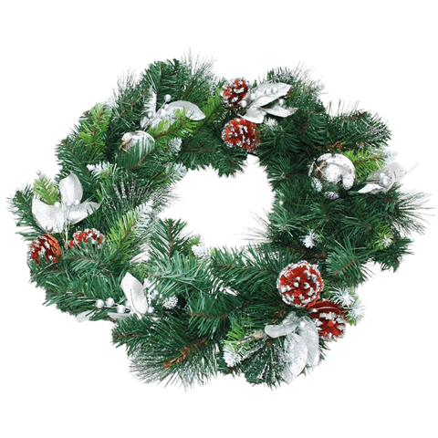 Vòng Hoa 3 Loại Lá Lăn Kim Tuyến Bạc Có Trang Trí