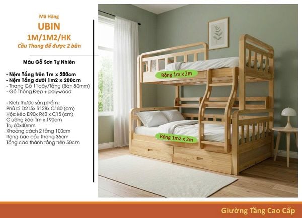 Giường Tầng Gỗ Tự Nhiên U.BIN - (1m/1m2 - 1m6/1m8)