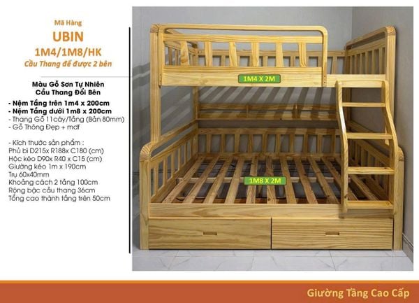 Giường Tầng Gỗ Tự Nhiên U.BIN - (1m/1m2 - 1m6/1m8)