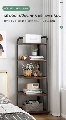 Kệ góc chữ V thép ống đa năng D16 (khung đen + gỗ óc chó ) - GM130