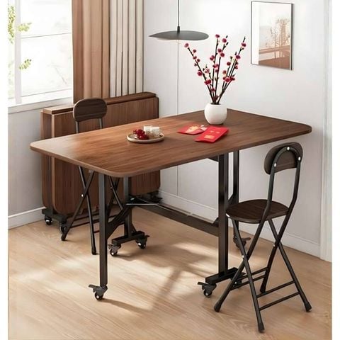Bàn Ăn Thông Minh Gấp Gọn gỗ MDF kèm bánh xe tiện lợi - Màu vân gỗ óc chó - GM107