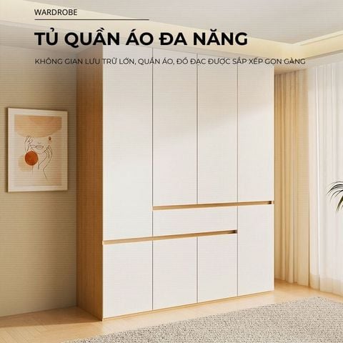 Tủ Quần Áo 4 Cánh To 1 Ngăn Kéo Trắng Vân Gỗ GP328.13
