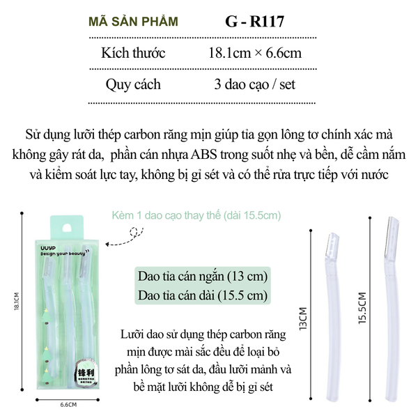  Bộ 3 Dao Cạo Lông Mày UUYP R117 Thiết Kế Răng Cưa Vi Chạm Bảo Vệ 
