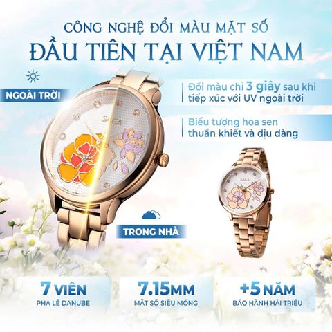 Saga Chroma Dance 54390-LGWTLG-2A – Nữ – Quartz (Pin) – Mặt Số 34mm – Kính Cứng – Mặt Số Đổi Màu, Đính Pha Lê 