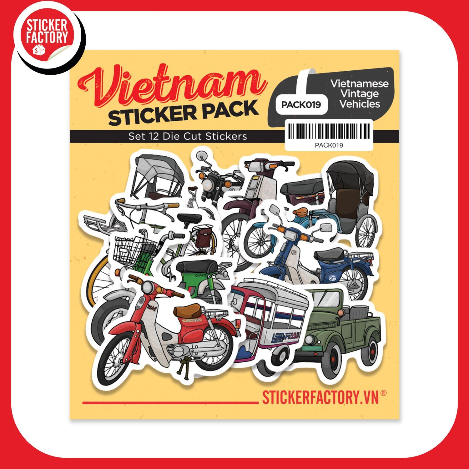 PACK019 Vietnamese Vintage Vehicles - Set 12 Die Cut Sticker Pack