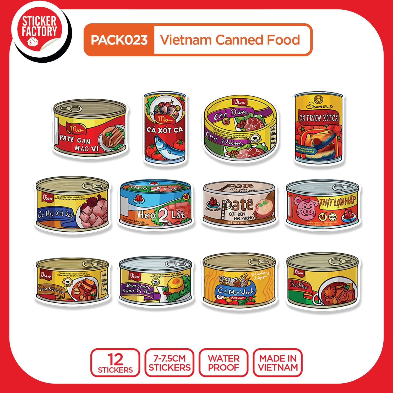 PACK023 Vietnam Canned Food - Set 12 Die Cut Sticker Pack