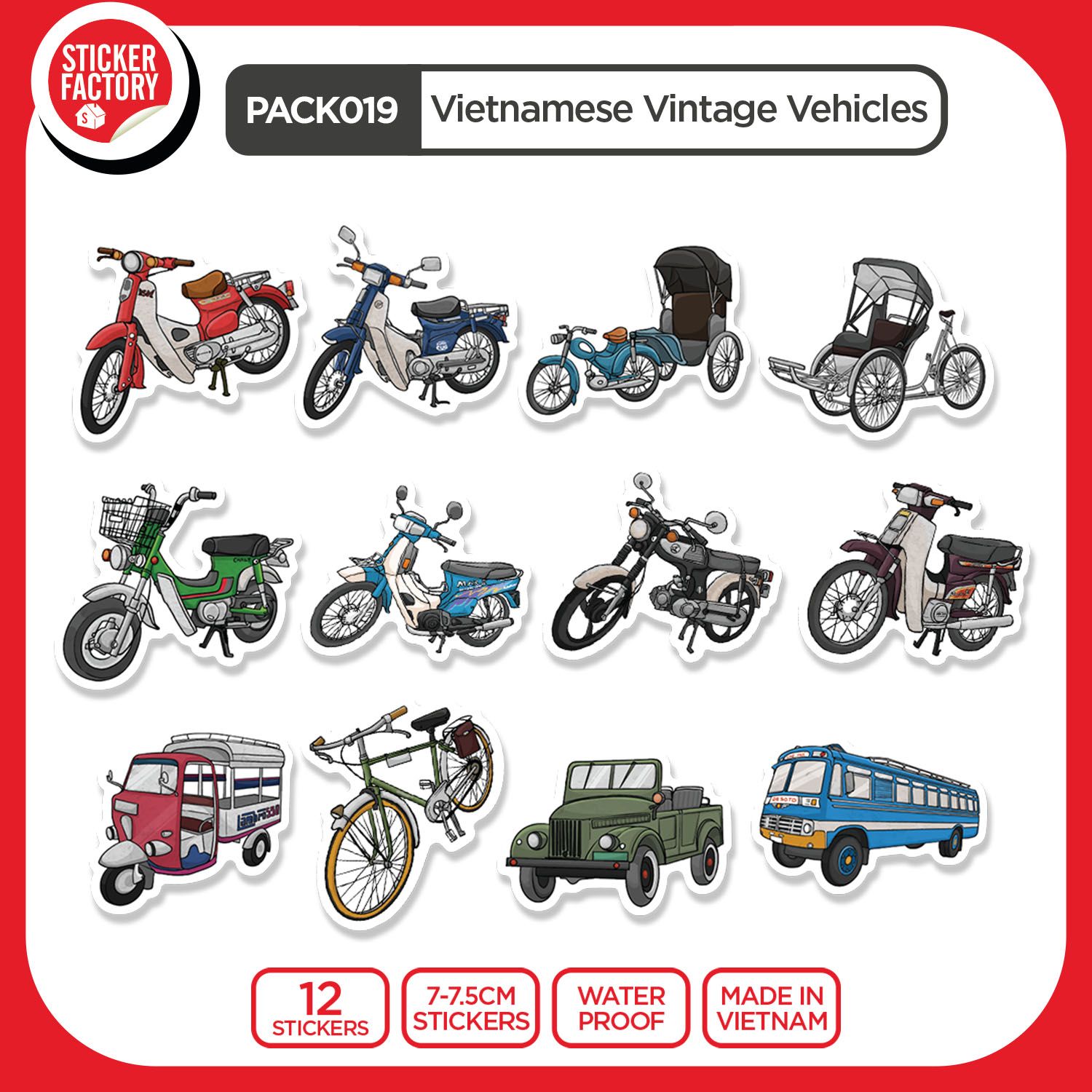 PACK019 Vietnamese Vintage Vehicles - Set 12 Die Cut Sticker Pack