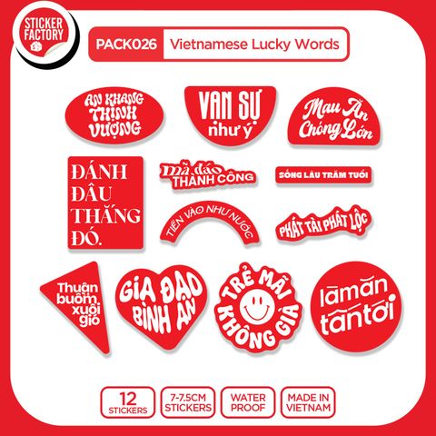  PACK026 Vietnamese Lucky Words - Set 12 Die Cut Sticker Pack 