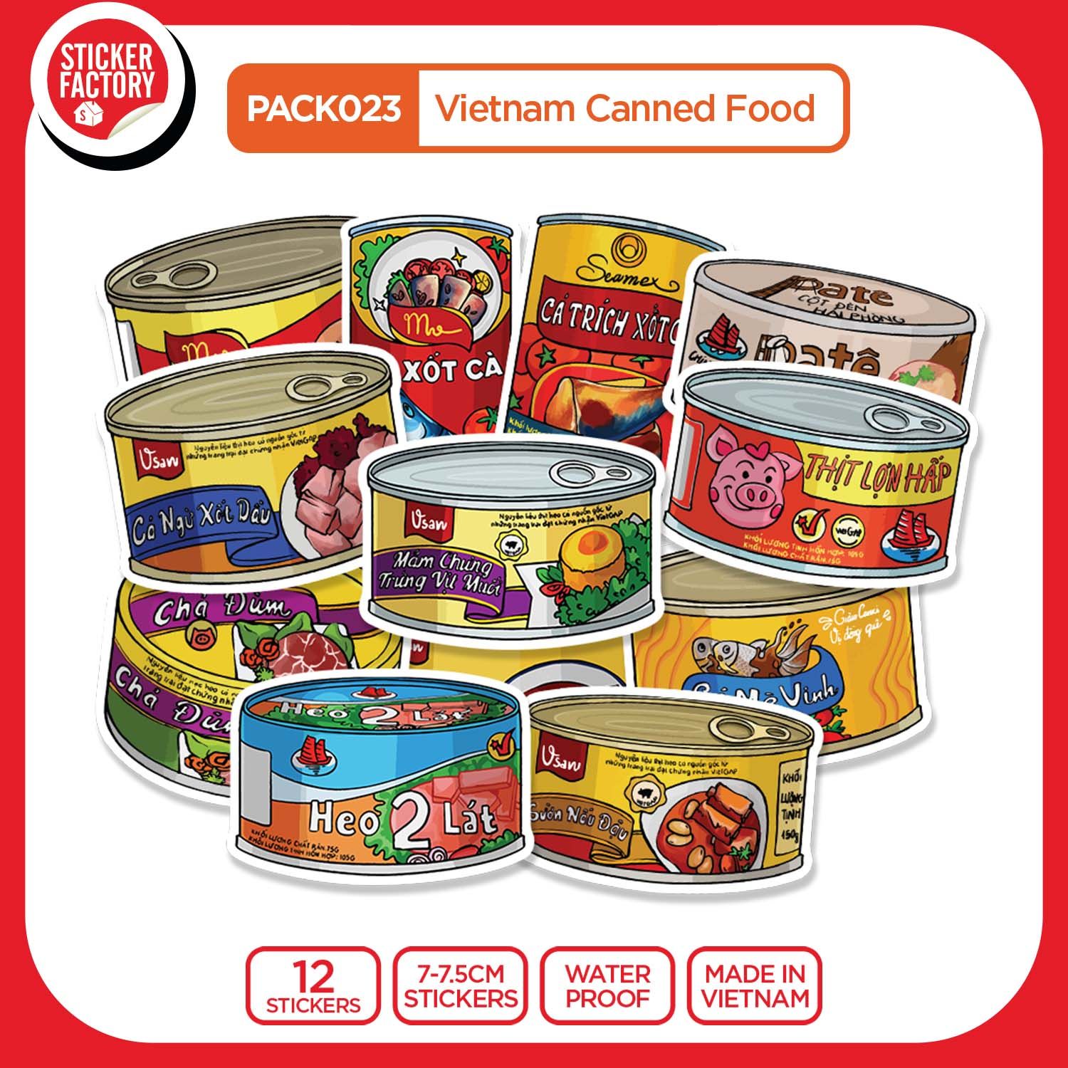 PACK023 Vietnam Canned Food - Set 12 Die Cut Sticker Pack