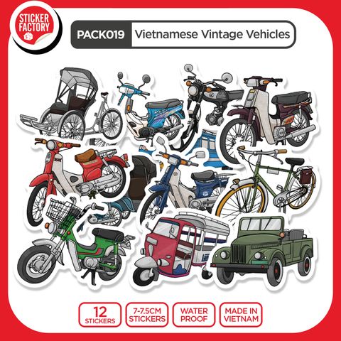  PACK019 Vietnamese Vintage Vehicles - Set 12 Die Cut Sticker Pack 