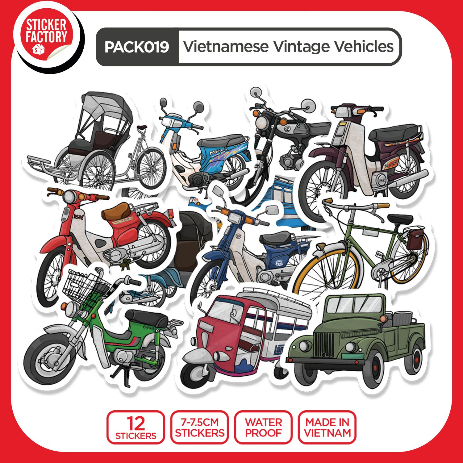 PACK019 Vietnamese Vintage Vehicles - Set 12 Die Cut Sticker Pack