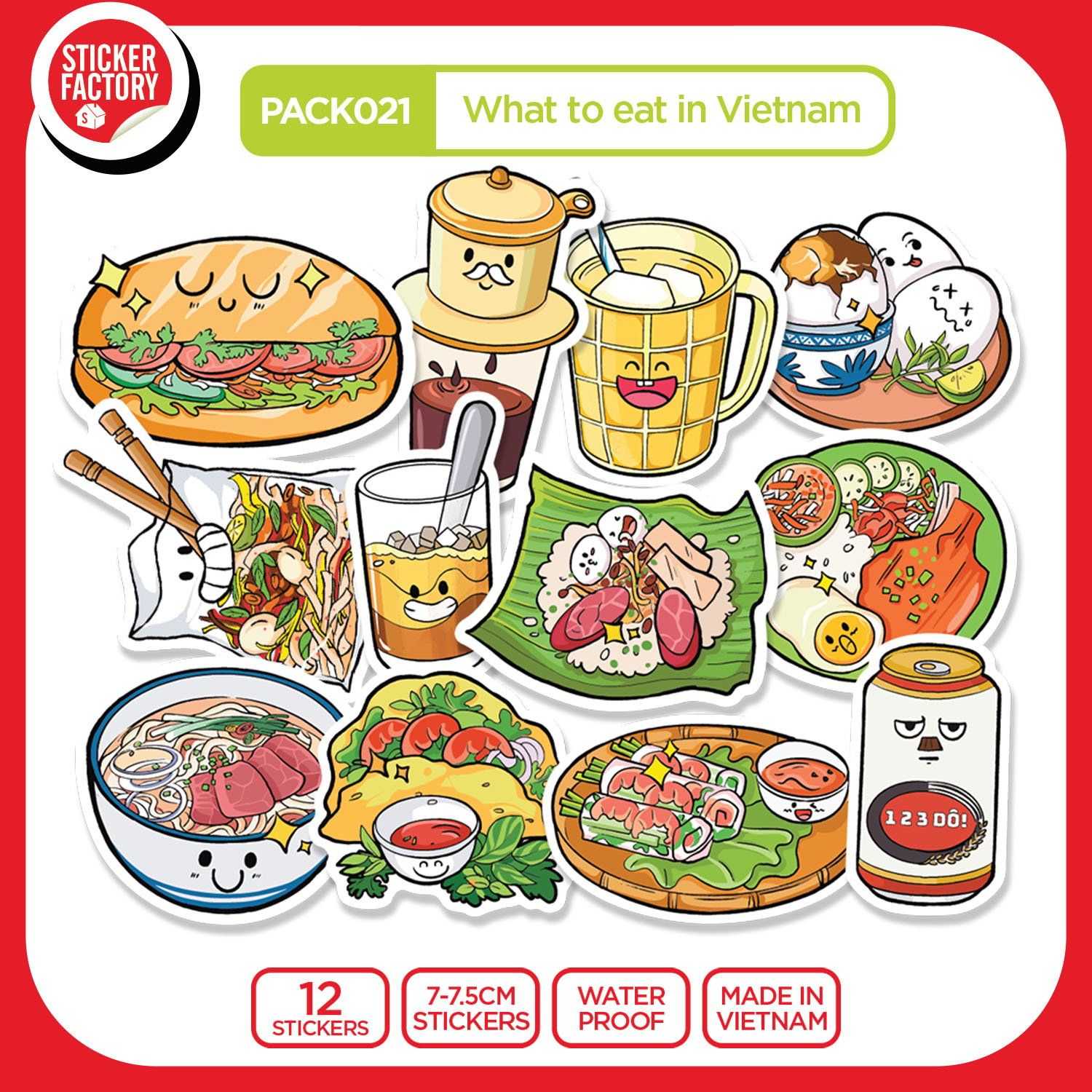 PACK021 What to eat in Vietnam - Set 12 Die Cut Sticker Pack