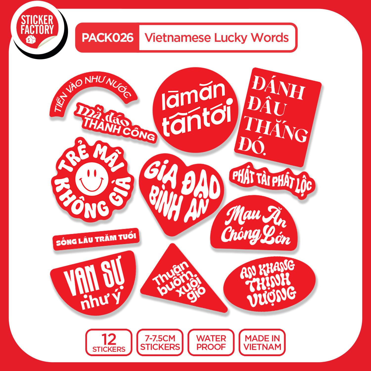PACK026 Vietnamese Lucky Words - Set 12 Die Cut Sticker Pack