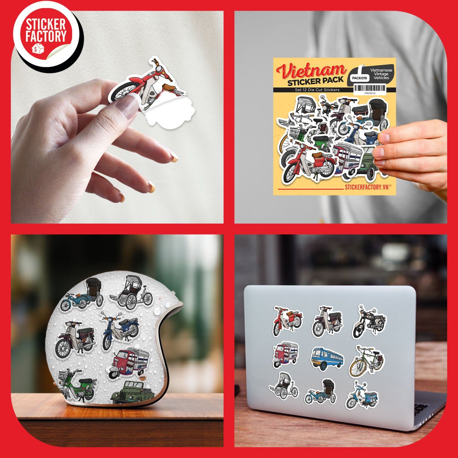 PACK019 Vietnamese Vintage Vehicles - Set 12 Die Cut Sticker Pack