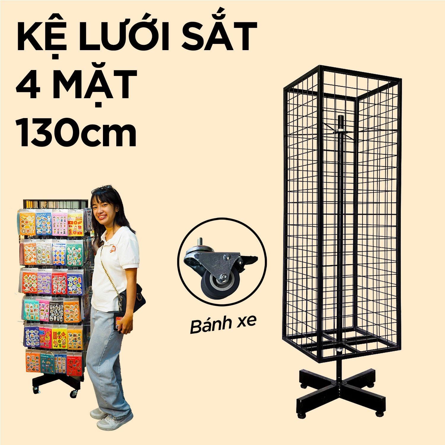 Kệ lưới sắt xoay 4 mặt đế bánh xe