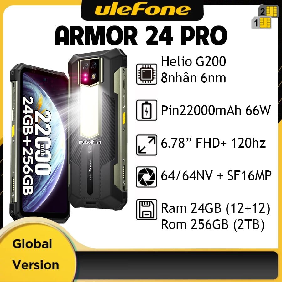 Ulefone Armor 24 Pro eSIM - IP68/69K Pin 22000mAh Ram24GB Cam64/64NV/16MP Android 16