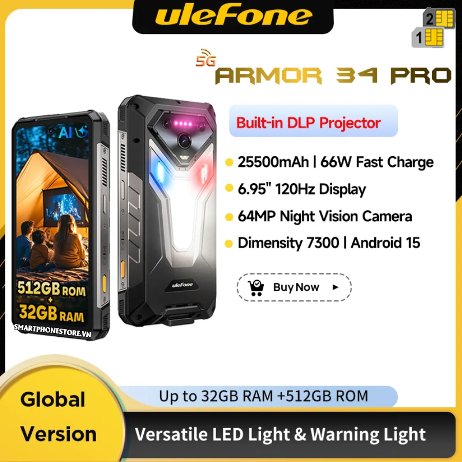 Ulefone Armor 34 Projector 5G - Chính hãng nguyên Seal Giá Tốt + KM Hấp Dẫn - 09175.09195