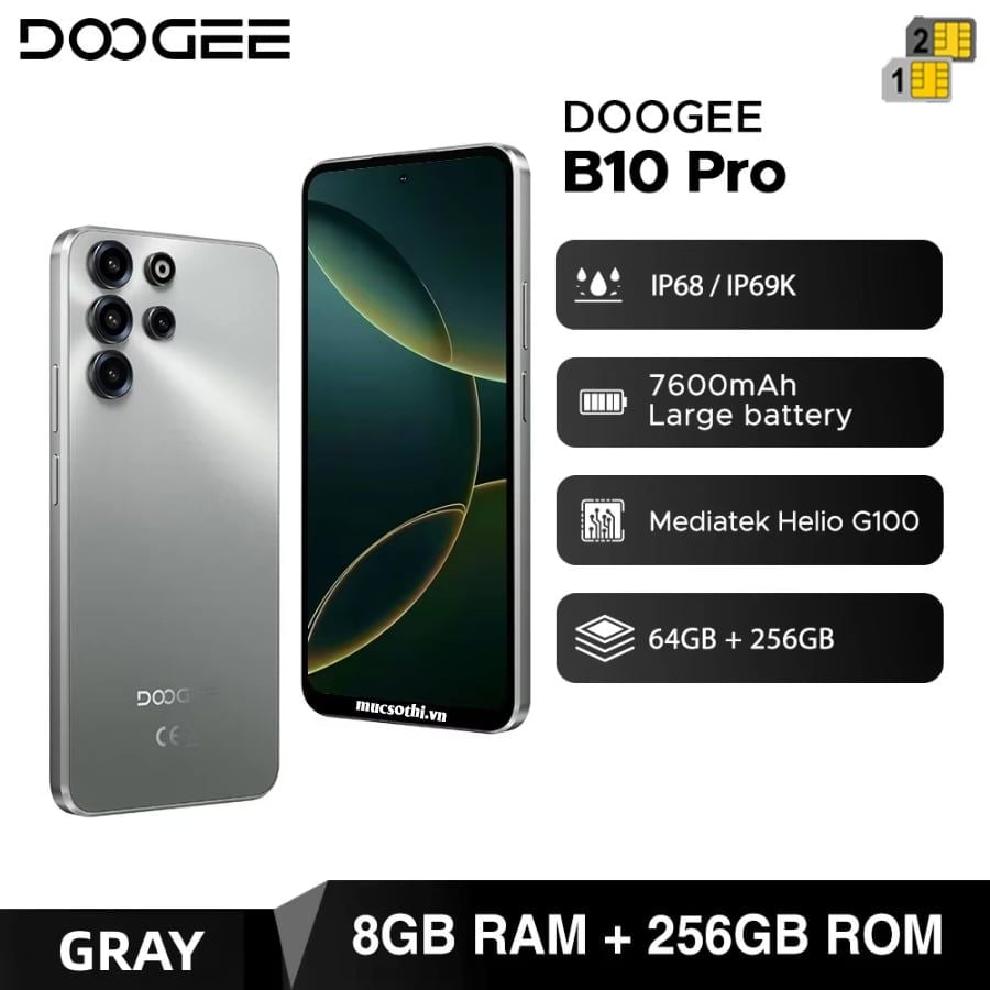 Doogee B10 Pro - IP68/69K Pin7600mAh Ram64GB Rom256GB Cam64/8MP Selfie16MP Android16 AI