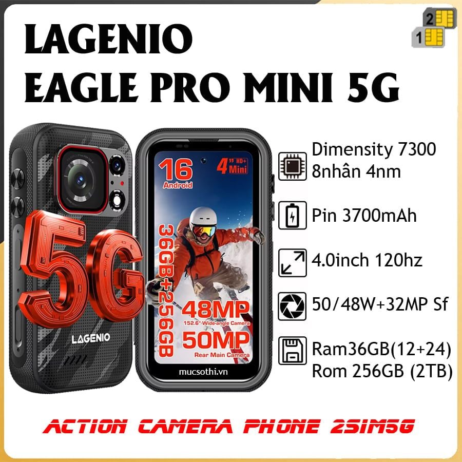 Lagenio Eagle Pro Mini 5G - Camera hành động 50MP góc rộng nhỏ gọn kiêm smartphone siêu bền 2sim5G đa năng tuyệt hảo