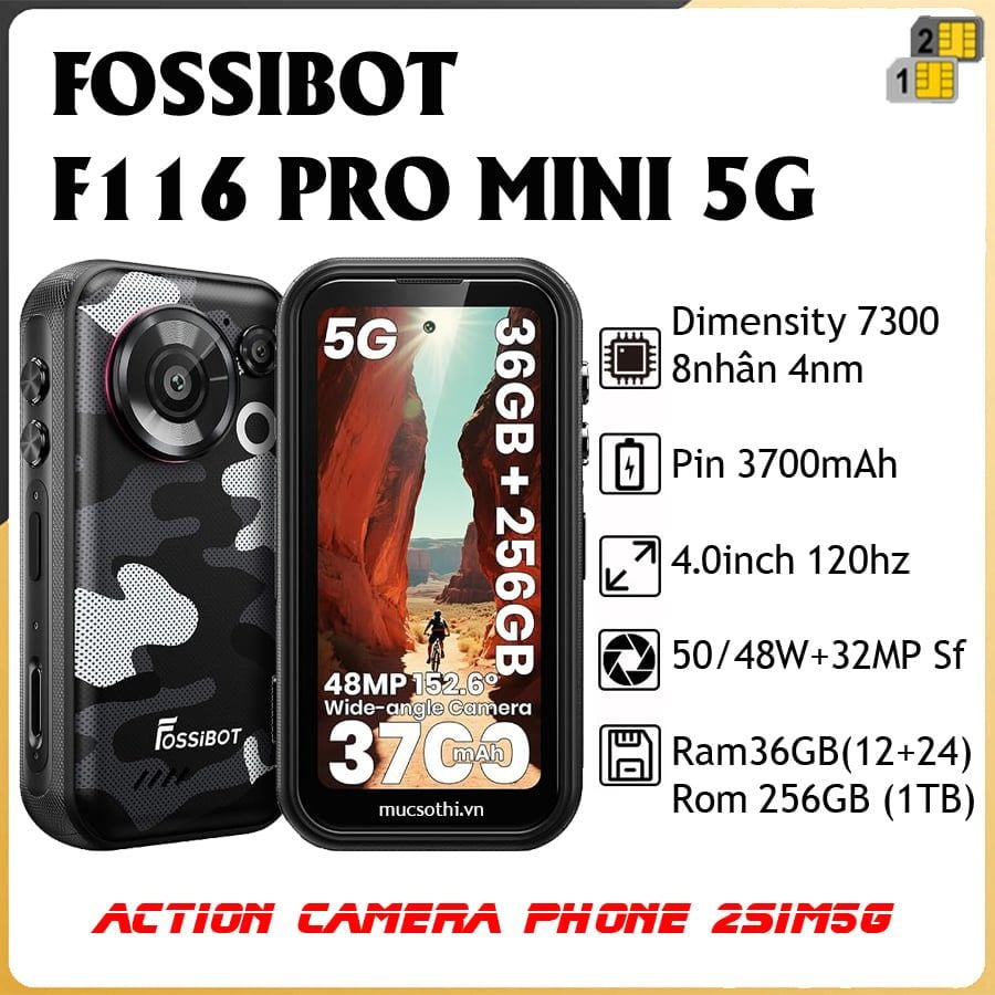 Fossibot F116 Pro Mini 5G - Camera hành động 50MP góc rộng nhỏ gọn kiêm smartphone siêu bền 2sim5G đa năng tuyệt hảo