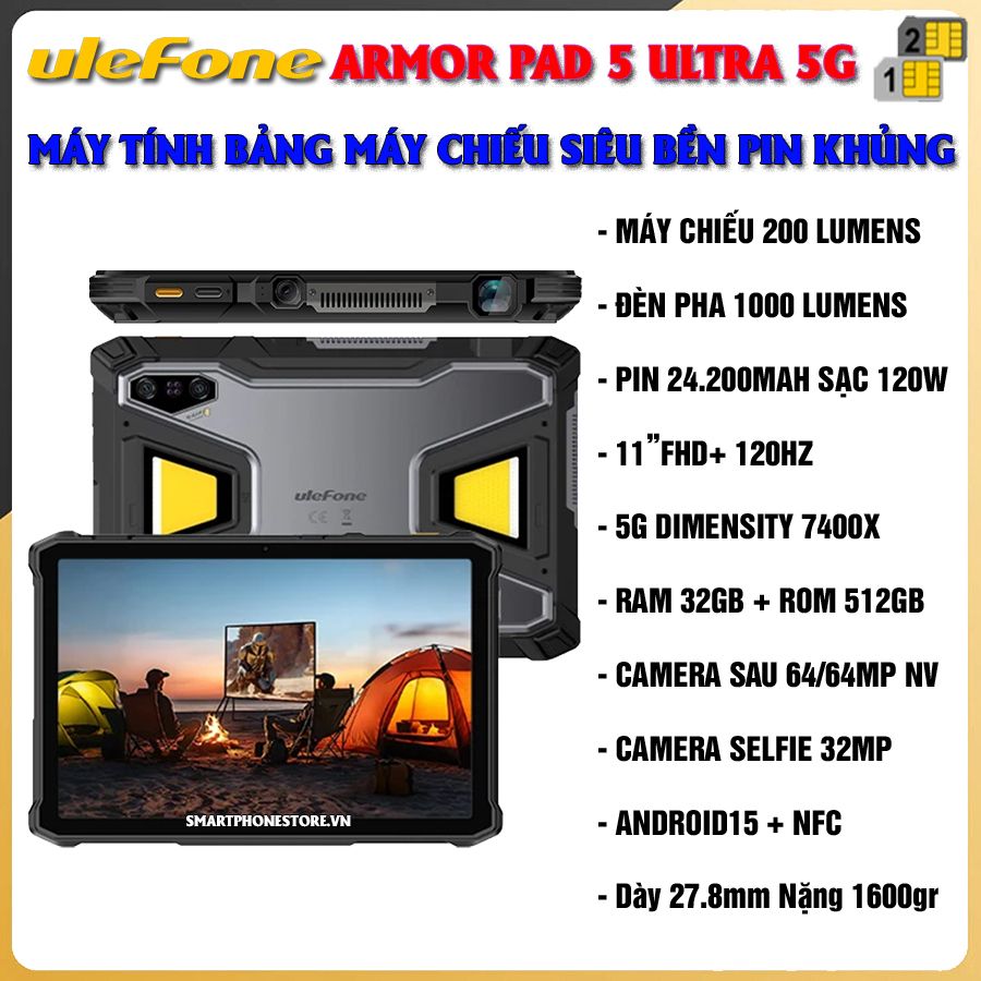 Máy tính bảng Ulefone Armor Pad 5 Ultra 5G (Projector) - Chính hãng nguyên seal Giá Tốt + Khuyến mãi hấp dẫn - 09175.09195