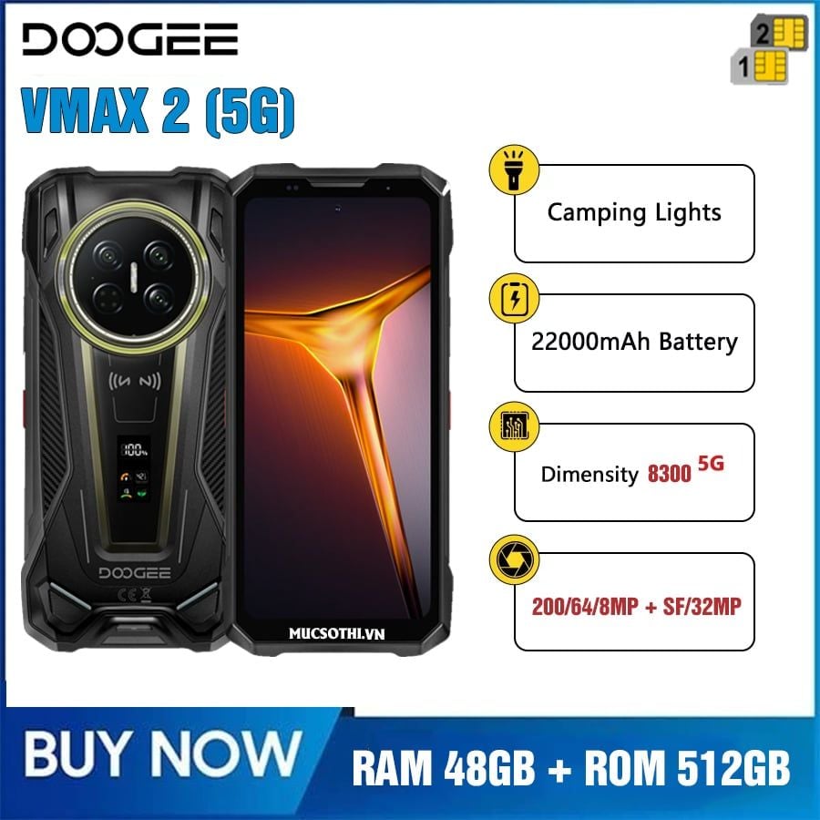Doogee Vmax 2 Series - 2Sim5G Siêu bền Pin 22000mAh Ram48GB Rom512GB/1TB Camera200/32MP Campinglight Android16