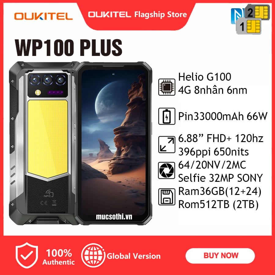 Oukitel WP100 Plus - 6.88inch IP68/69K Pin33000mAh Ram36/512GB Camera64/20/2/32MP CampingLight Android 16