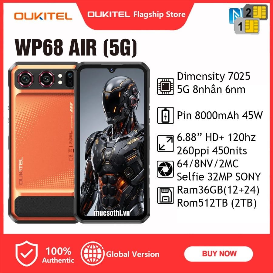 Oukitel WP68 Air - 2sim5G thiết kế siêu mỏng pin 8000mAh Ram36GB Rom512GB Camera64/32MP Android16