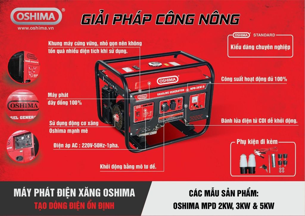 Máy phát điện chạy xăng 4 thì Oshima MPD 5000 5KW D đề nổ
