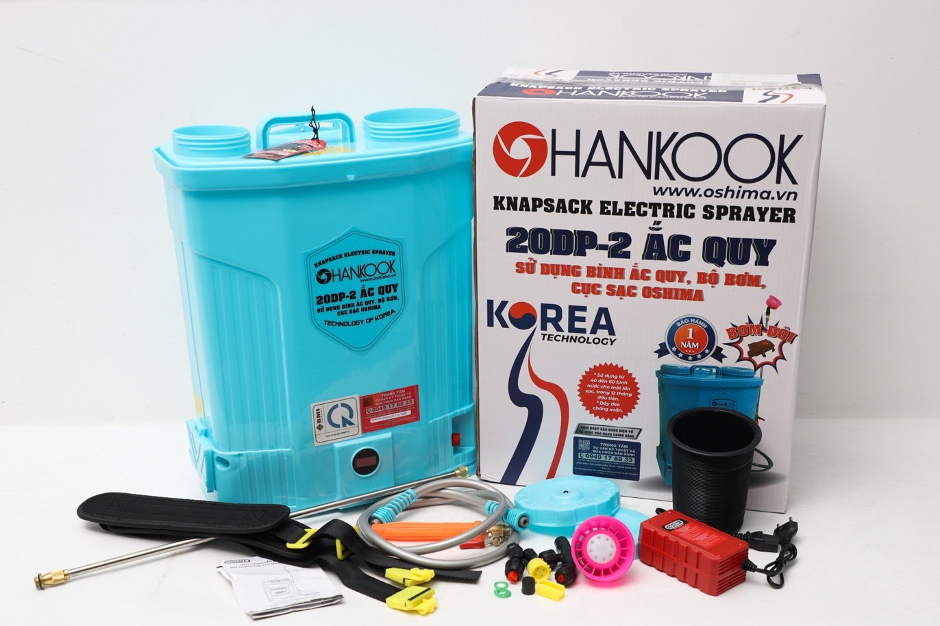Máy phun thuốc trừ sâu, côn trùng điện HANKOOK 20DP- ắc quy Xanh Bình ắc quy 12V12Ah