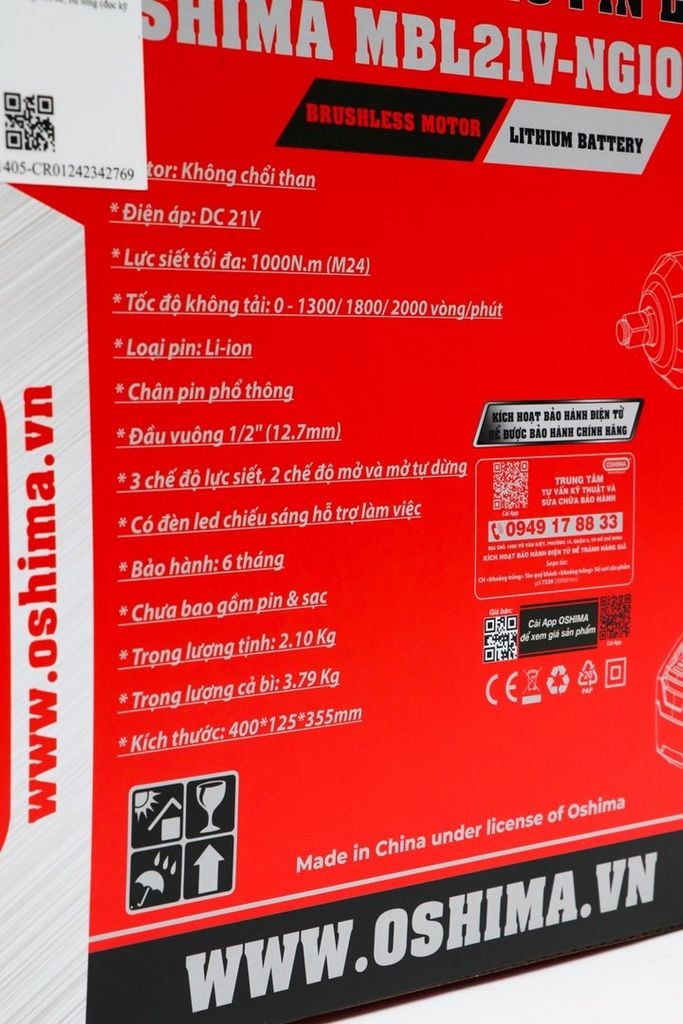 Súng Mở bu lông pin lithium Oshima MBL21V-NG1000N-D3 kèm pin, sạc