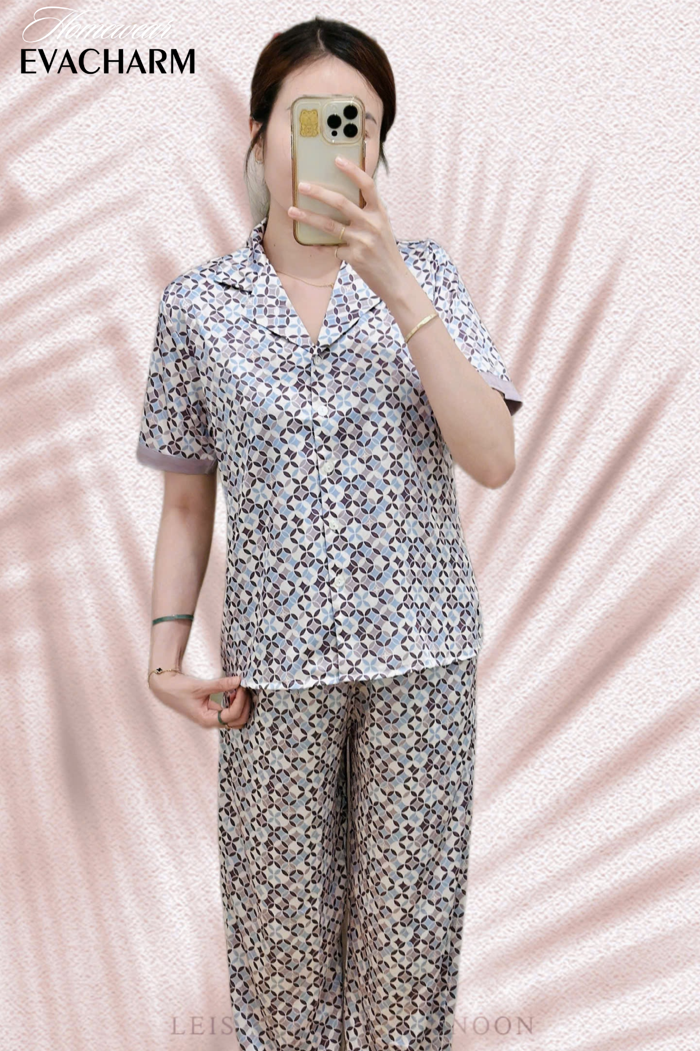 Bộ lụa Pháp Pyjama Hoạ Tiết (Tím nhạt) 