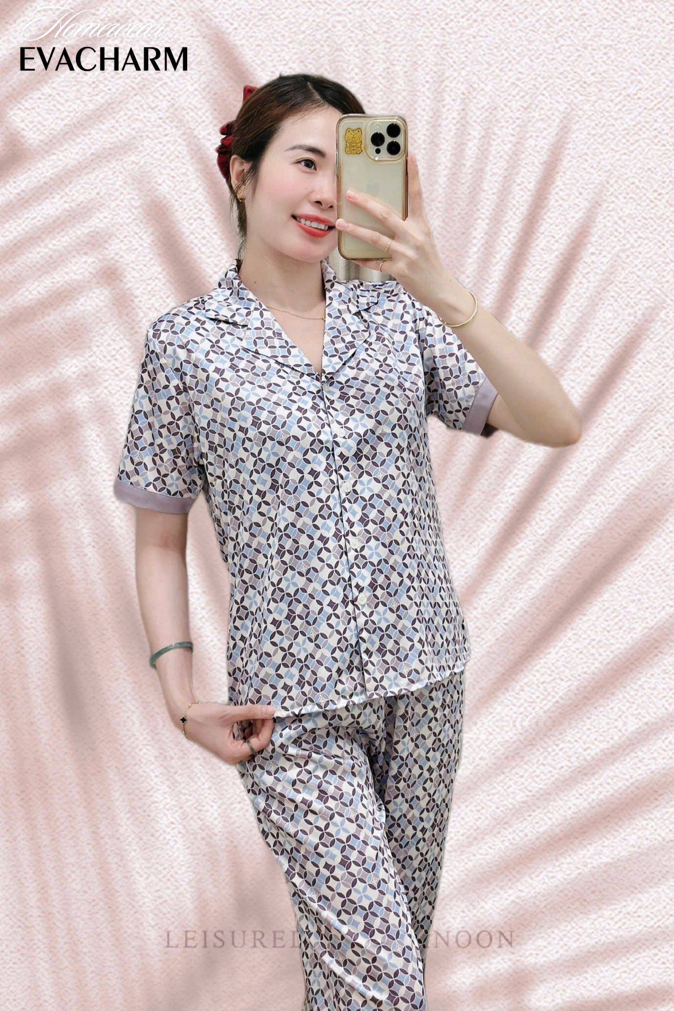  Bộ lụa Pháp Pyjama Hoạ Tiết (Tím nhạt) 