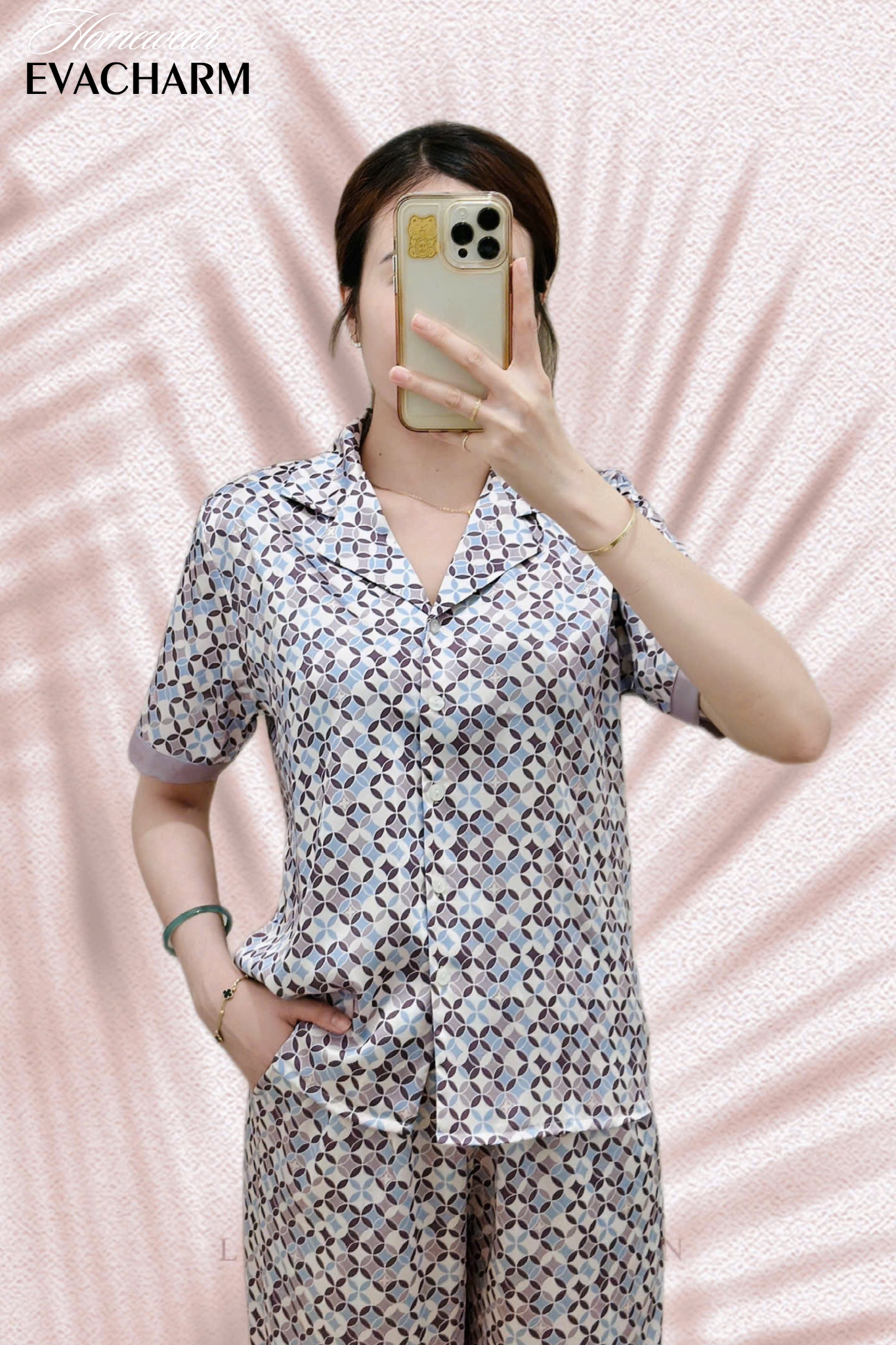  Bộ lụa Pháp Pyjama Hoạ Tiết (Tím nhạt) 